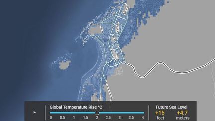 La ville d'Essaouira au Maroc : montée des eaux en cas de hausse de 2° des températures moyennes sur terre (selon les projections de climatcentral). (climatecentral.org)