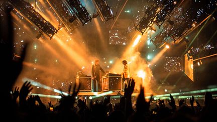 Le duo parisien Justice (Gaspard Augé et Xavier de Rosnay) sur scène le 24 août 2024 au festival Field Day à Londres (Grande-Bretagne). (MICHAL AUGUSTINI/SHUTTERSTOCK/SI / SIPA)