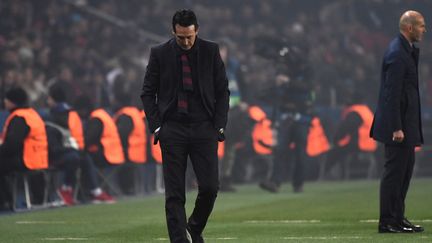 L'entraîneur du PSG Unai Emery lors de la défaite face au Real Madrid, le 6 mars 2018, à Paris. (PIERRE-PHILIPPE MARCOU / AFP)