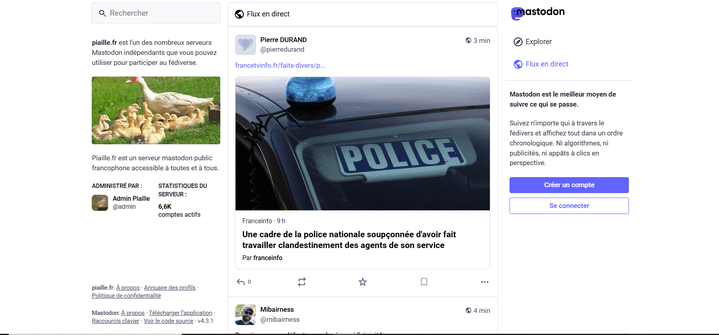 Un exemple de fil d'actualité sur une instance de la plateforme Mastodon, un réseau social décentralisé. (PIAILLE / MASTODON)