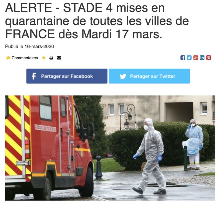 Un article sur le site actuainfo.info, lundi 16 mars 2020, qui annonce que le stade 4 correspond à une mise en quarantaine de toutes les villes. (CAPTURE ECRAN ACTUAINFO.INFO)