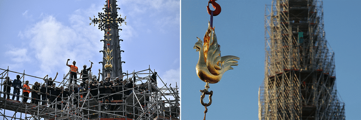 Des ouvriers saluent la croix de l'abside, le 24 mai 2024 (à gauche), tandis que le nouveau coq est installé au sommet de la flèche de la cathédrale Notre-Dame de Paris, le 16 décembre 2023 (à droite). (JULIEN DE ROSA / Thomas SAMSON / AFP)