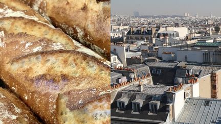 Une baguette de pain et les toits de Paris (montage). (NATHANAEL CHARBONNIER / RADIO FRANCE - JACQUES DEMARTHON / AFP)