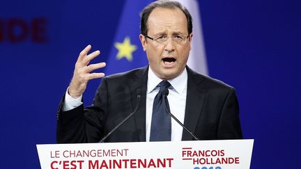 Fran&ccedil;ois Hollande lors de son discours au Bourget le 22 janvier 2012. (PATRICK KOVARIK / AFP)