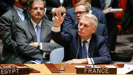 Jean-Marc Ayrault, ministre des Affaires étrangères, lors de Conseil de sécurité des Nations unies, le 8 octobre 2016. (LI MUZI / MAXPPP)