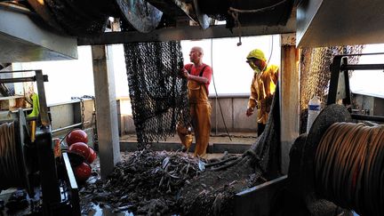 Driss et Christian, les marins du "Danièle Marie", surveillent la remontée des chaluts, lors d'une pêche en Méditerranée. (MATHILDE BOUQUEREL / FRANCEINFO)