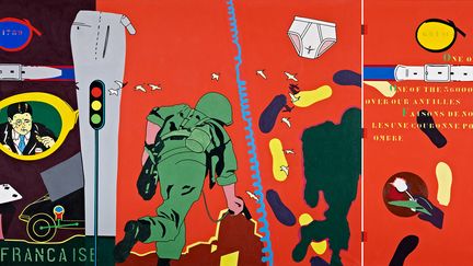 Hervé Télémaque, "One of the 36 000 Marines over our Antilles", 1965 - Huile sur toile - 161,7 x 357,5 cm (diptyque) (Fondation Gandur pour l’Art, Genève. Photographe : Sandra Pointet © ADAGP, Paris, 2023)