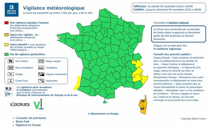 Météo France a placé samedi 3 novembre la Corse-du-Sud et la Haute-Corse en vigilance orange "pluie-inondation". (METEOFRANCE)