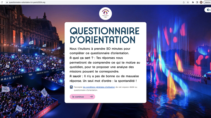 Page de la plateforme d'inscription à la campagne de volontaires pour les Jeux olympiques et paralympiques. (Capture d'écran Paris 2024)