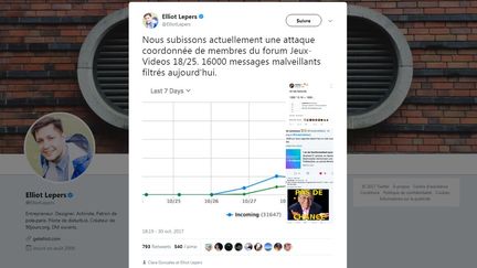 Le cofondateur du "numéro anti-relous" a déploré, lundi 30 octobre 2017, une attaque menée contre son service par des utilisateurs du forum "Blabla 18-25" de Jeuxvideo.com (ELLIOT LEPERS / TWITTER)