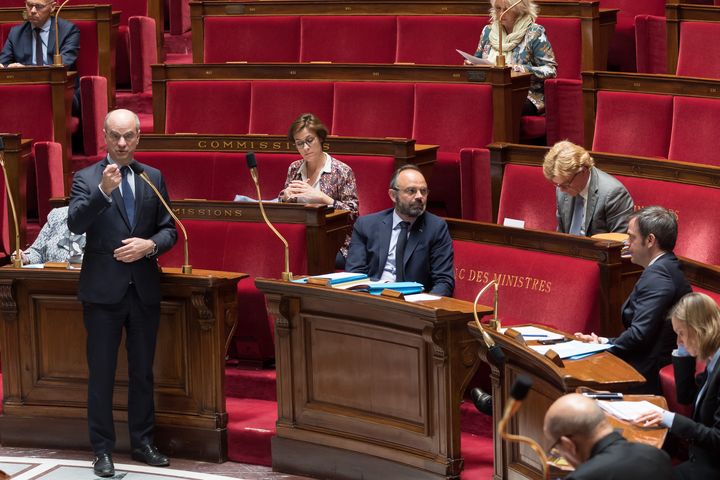 Le ministre de l'Education nationale, Jean-Michel Blanquer, à l'Assemblée nationale, à Paris, le 21 avril 2020. (JACQUES WITT / POOL / AFP)