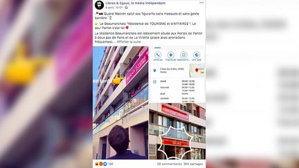 Une capture d'écran d'un post Facebook qui prétend qu'Emmanuel Macron a eu recours à des figurants lors de sa visite à Pantin (Seine-Saint-Denis), mardi 7 avril 2020. (CAPTURE ECRAN)