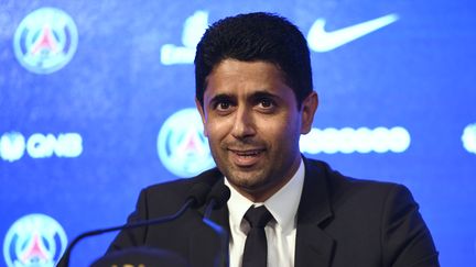 Nasser Al-Khelaïfi, le 4 août 2017, à Paris, pour la présentation de Neymar. (LIONEL BONAVENTURE / AFP)