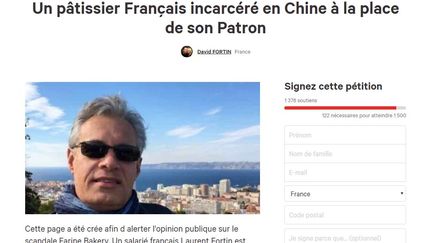 Capture d'écran de la pétition lancée sur Change.org par la famille de Laurent Fortin, un pâtissier français détenu en Chine depuis cinq mois.&nbsp; (DAVID FORTIN / CHANGE.ORG)