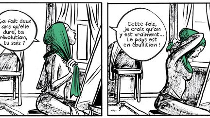 Son foulard vert, rare tache de couleur dans l'album en noir et blanc, aide le lecteur à suivre le piège qui va se refermer sur la jeune étudiante un peu plus tard, place Tahrir. (Ferenc &amp; Bast - La Boîte à Bulles)