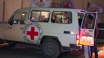 A Red Cross van, November 27, 2023, in Gaza.  (STRINGER / ANADOLU / AFP)