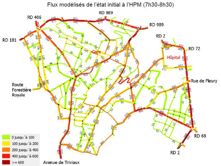 Modélisation de la circulation dans la ville de Meudon entre 7h30 et 8h30, réalisée début 2018, avec au centre les rues de la Belgique, des Vignes et Abel Waché,&nbsp;victimes d'un trafic très important. (COMPTAGES PROJETS ETUDES VOIRIES / VILLE DE MEUDON)