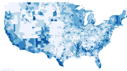 Carte du score de Hillary Clinton&nbsp;à la présidentielle américaine de 2016 comté par comté. (NICOLAS ENAULT / CARTO)