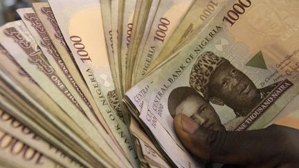 Billets de banque en naira, la monnaie nigériane. Le Nigeria est le premier pays africain à créer une monnaie numérique l'eNaira, qui sera lancée le 4 octobre 2021. (PIUS UTOMI EKPEI / AFP)