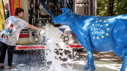 Lait de la Ferme des Millevaches intercepté à la frontière franco-belge par la confédération paysanne et le syndicat belge FUGEA.
 (PHILIPPE HUGUEN / AFP)