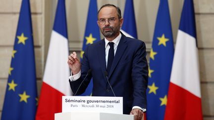 Le Premier ministre, Edouard Philippe, s'exprime à l'Elysée, à Paris, le 30 mai 2018. (FRANCOIS MORI / AFP)