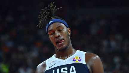 Le basketteur américain Myles Turner lors d'un match de classement des Etats-Unis&nbsp;contre la Serbie, lors d'un match de classement de la Coupe du monde de basket, à Dongguan, le 12 septembre 2019. (ZHU ZHENG / XINHUA / AFP)