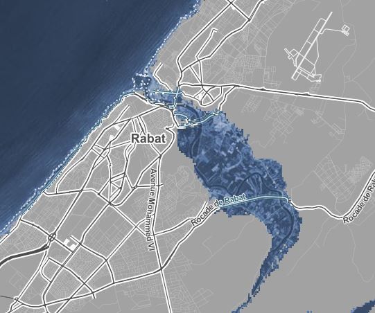 Vue de la capitale marocaine Rabat en cas de hausse des températures sur la terre de&nbsp;quatre degrés (on voit la progression de la zone recouverte par les entrées maritimes) (source :&nbsp;climatecentral.org) (climatecentral.org)