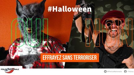 Un déguisement de loup-garou, oui, mais un gilet pare-balle avec une arme à feu factice, c'est non, prévient la police nationale avant la soirée d'Halloween.&nbsp; (TWITTER / POLICE NATIONAL)