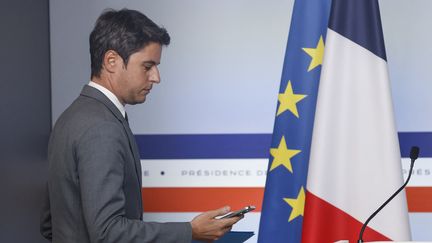 Prime Minister Gabriel Attal at the Elysée, after an interministerial crisis unit on the situation in New Caledonia, May 16, 2024. (LUDOVIC MARIN / POOL)