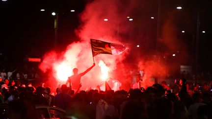 Des supporters de l'Algérie célèbrent la victoire du pays en finale de la CAN, le 19 juillet 2019 à Lyon. (JEAN-PHILIPPE KSIAZEK / AFP)