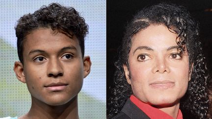 A gauche, Jaafar Jackson lors du panel "Living with The Jacksons" à Beverly Hills (Californie), le 12 juillet 2014, et à droite, Michael Jackson au gala de l'American Cinema Award à Beverly Hills (Californie) le 9 janvier 1987. (AP/SIPA / AP ASSOCIATED PRESS SIPA)