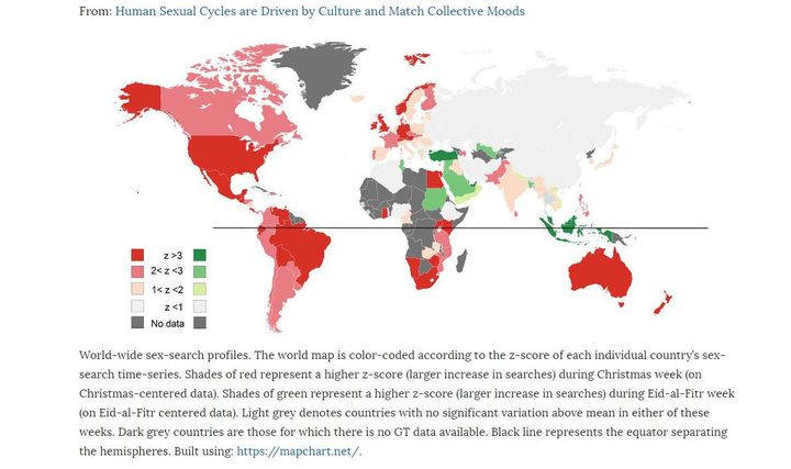 Profil mondial des recherches sur Internet relatif au sexe (cliquer ici pour voir la carte en plus grand). Source : «Human Sexual Cycles are Driven by Culture and Match Collective Moods» (DR)