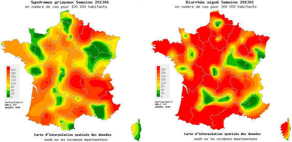 A gauche, la carte des syndr&ocirc;mes grippaux, &agrave; droite, celle des gastro-ent&eacute;rites. Les r&eacute;gions les plus touch&eacute;es apparaissent en rouge, les r&eacute;gions les plus &eacute;pargn&eacute;es apparaissent en vert. (RÉSEAU SENTINELLES)