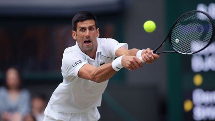 Le Serbe Novak Djokovic face au Canadien Denis Shapovalov en demi-finale de Wimbledon, vendredi 9 juillet 2021. (SHUHEI YOKOYAMA / YOMIURI / AFP)