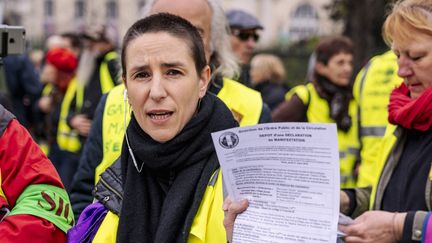 Sophie Tissier le 23 mars 2019 à Paris, lors du 19e samedi de mobilisation des "gilets jaunes". (JONATHAN PHILIPPE LEVY / HANS LUCAS / AFP)