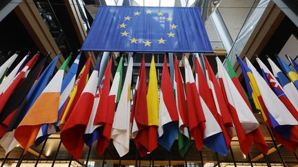 Différents drapeaux des membres de l'Union européenne au Parlement européen à Strasbourg, le 19 octobre 2021. (RONALD WITTEK / AFP)