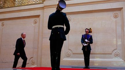 Le nouveau pr&eacute;sident russe Vladimir Poutine passe devant la garde d'honneur du Kremlin &agrave; Moscou (Russie) avant de prendre part &agrave; sa c&eacute;r&eacute;monie d'investiture, le 7 mai 2012. (DMITRY ASTAKHOV / RIA NOVOSTI / AFP)