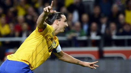 Le capitaine de l'&eacute;quipe de Su&egrave;de Zlatan Ibrahimovic triomphant le 14 novembre 2012 lors du match face &agrave; l'Angleterre &agrave; Stockholm (Su&egrave;de). (JONATHAN NACKSTRAND / AFP)