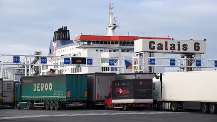 Des camions&nbsp;attendent d'embarquer&nbsp;dans le port de Calais (Pas-de-Calais), le 14&nbsp;janvier 2019. (MAXPPP)