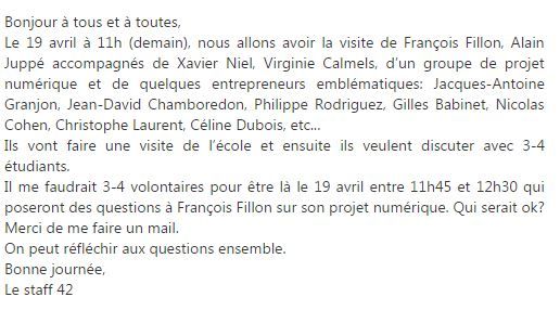 Capture d'écran du courriel&nbsp;reçu par les étudiants de l'école 42, à Paris, le 18 avril 2017. (FRANCEINFO)