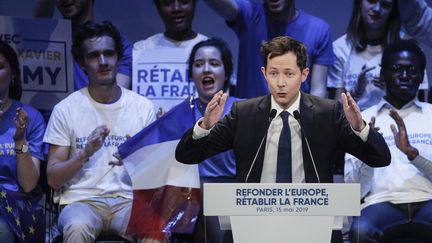 François-Xavier Bellamy lors d'un meeting pour les élections européennes, le 15 mai 2019 à Paris. (GEOFFROY VAN DER HASSELT / AFP)