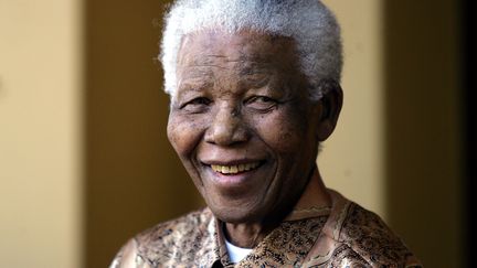 Le prix Nobel de la paix Nelson Mandela, le 14 juin 2005 &agrave; Johannesburg (Afrique du Sud), lors d'une conf&eacute;rence de presse. (ALEXANDER JOE / AFP)