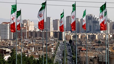 Des drapeaux iraniens à Téhéran, le 9 mai 2021.&nbsp; (ATTA KENARE / AFP)