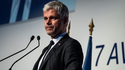 Laurent Wauquiez au meeting de Valérie Pecresse, candidate du parti Les Républicains pour l'élection présidentielle 2022, à Lyon, le 7 avril 2022. (NICOLAS LIPONNE / HANS LUCAS / AFP)