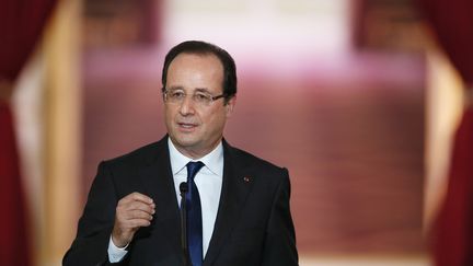 Fran&ccedil;ois Hollande lors de sa deuxi&egrave;me grande conf&eacute;rence de presse &agrave; l'Elys&eacute;e, &agrave; Paris, le 16 mai 2013. (PATRICK KOVARIK / AFP)