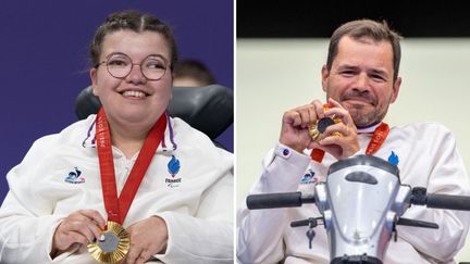 Aurélie Aubert and Tanguy de la Forest with their gold medals at the Paris Paralympic Games. (AFP)