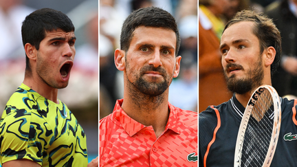 De gauche à droite : Carlos Alcaraz, Novak Djokovic et Daniil Medvedev, trois des principaux favoris au titre messieurs de Roland-Garros 2023 (AFP)