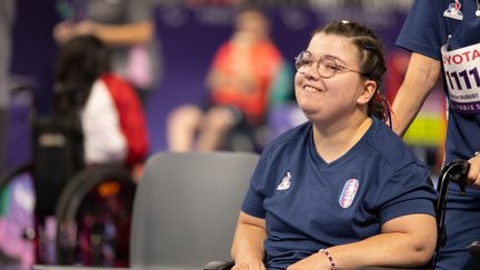 Aurélie Aubert lors d'une épreuve de boccia aux Jeux Paralympiques, à la Paris Sud Arena, le 29 août 2024. (LOPEZ-VIVANCO MARIE / KMSP)