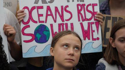 Greta Thunberg avec des activistes devant le siège des Nations unies à New York lors d'une manifestation contre le dérèglement climatique, le 12 septembre 2019.&nbsp; (BRYAN R. SMITH / AFP)