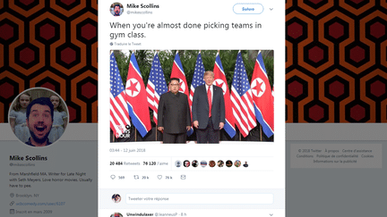 Capture d'écran d'un message de Mike Scollins publié sur Twitter mardi 12 juin 2018 après le sommet entre Kim Jong-un et Donald Trump. (MIKESCKOLLINS / TWITTER)